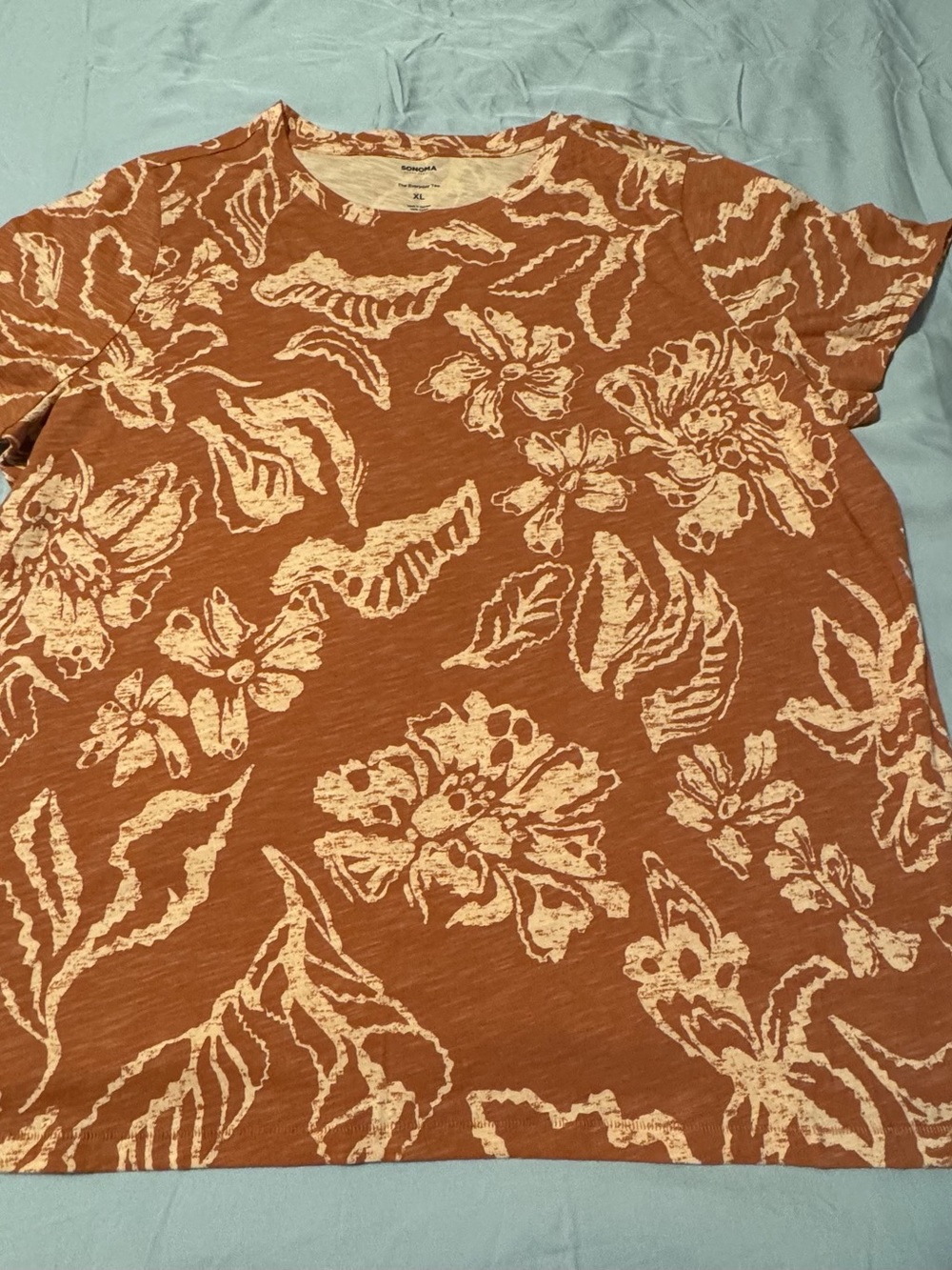 Sonoma Goods For Life Womens XL Brown Floral T-Shirt 100% Cotton Short Sleeve Ne